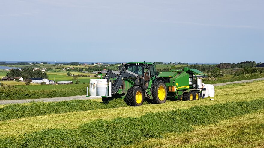 Traktor med rundballepresse på jordet