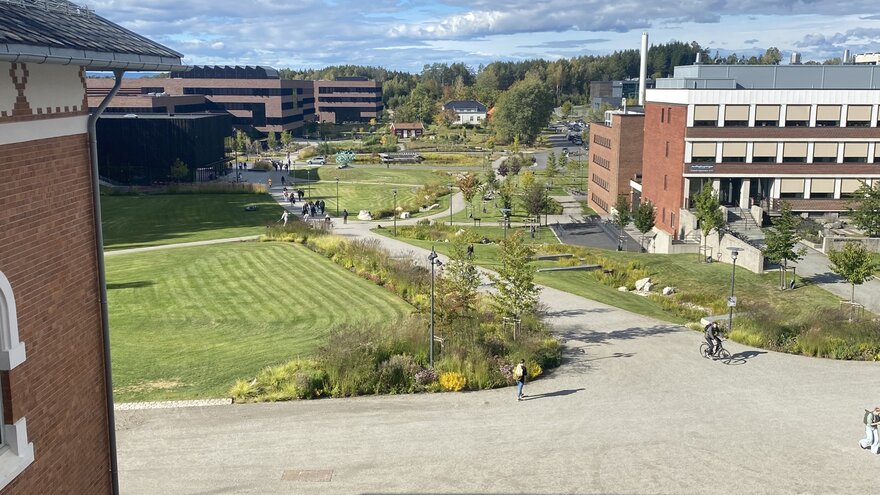 Fra Urbygningens østfløy fremtrer hovedpassasjen tydelig, men det er mye som konkurrerer om oppmerksomheten utenfor denne gangbanen. Parkeringsplassen går imidlertid av med seieren, mens vannspeilet taper. Selv oppe fra etasjene er det knapt synlig.