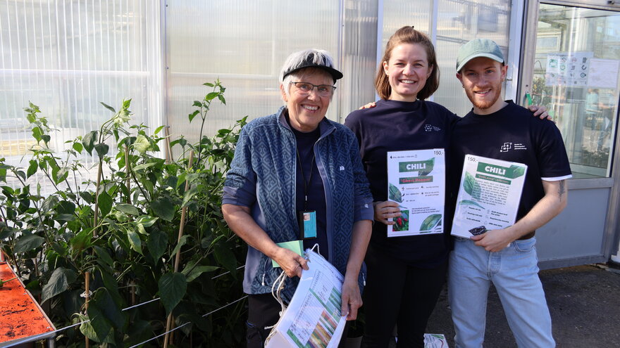 Tre personer foran en rekke med planter. I hendene holder de plakater i A4 format som forteller om planten i bakgrunnen
