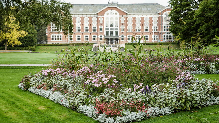 Viftebedet med sommerblomster i parken på NMBU. I bakgrunnen sees Urbygningen.