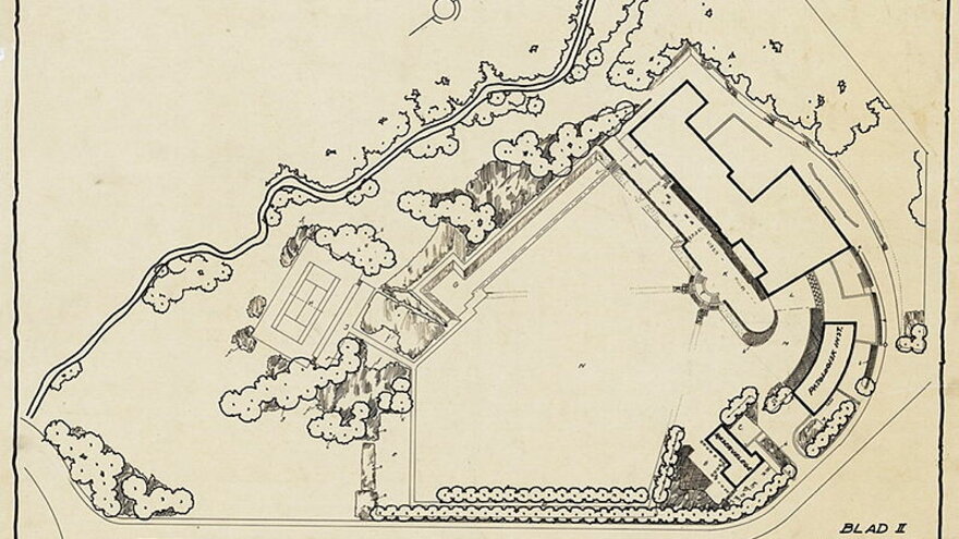 Skisse til hageplan for Det Norske Radiumhospital fra 1931, tegnet av Olav Leif Moen (1887-1951)