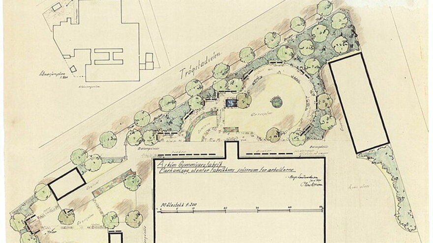 Planskisse for selskapet Askim Gummivarefabrikk over park koblet sammen med kantine for ansatte, tegnet av Olav Leif Moen (1887-1951)