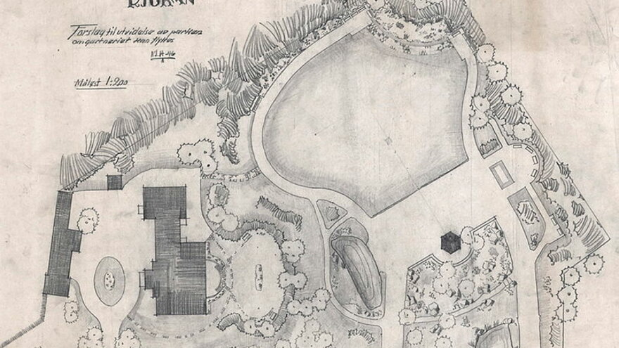 Planskisse for Adminiparken i Rukjan fra 1946, tegnet av Olav Leif Moen (1887-1951)
