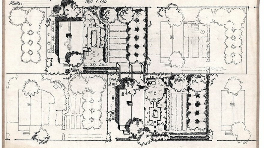 Hageplan for "Svenskebyen i Namsos" fra 1941,  tegnet av Olav Leif Moen (1887-1951)