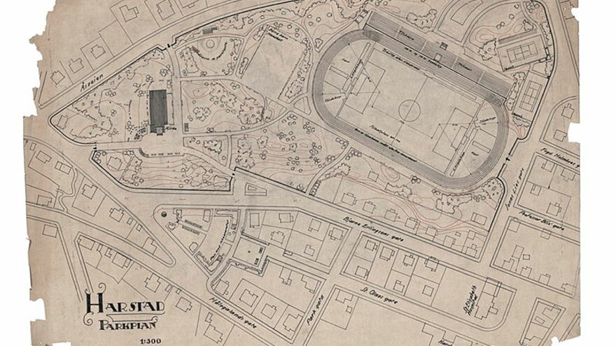 Parkplan for Harstad med sportsbane og lekeplass fra 1947, tegnet av Olav Leif Moen (1887-1951)