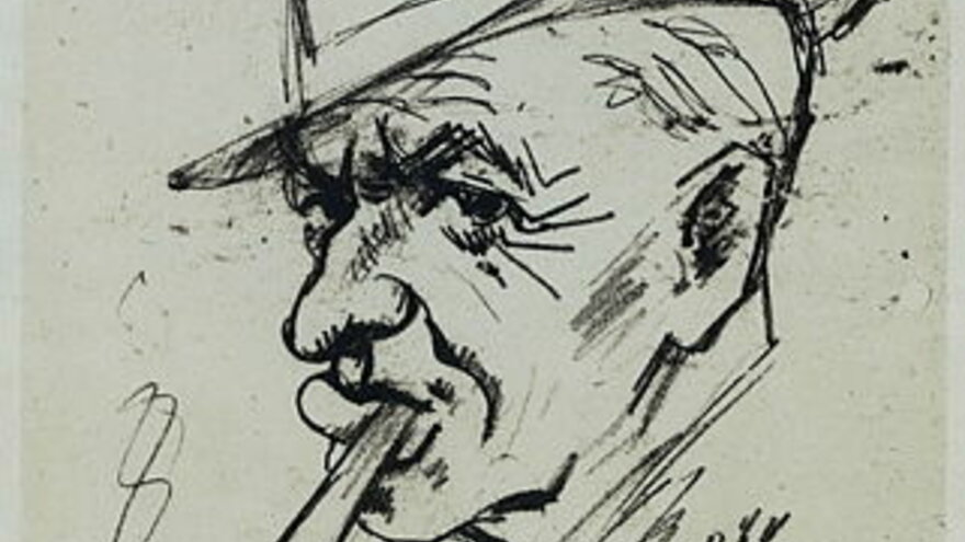 Portrettskisse av Olav Leif Moen (1887-1951) med pipe i munnen og hatt på hodet.