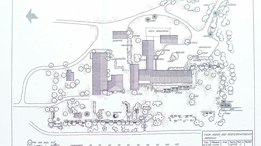 Parkplan for Modum Bad Nervesanatorium fra 1958 desiget av Karen Reistad (1900-1994)