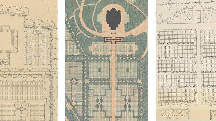 Details of plans for Vang, Ullern and Tjensvold cemetery show how Sæland created different rooms with hedges.