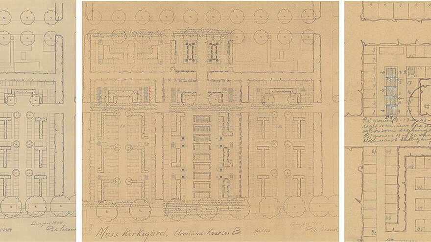 Details of plans for Moss cemetery (1944) shows how Sæland composes vegetation, paths and graves.
