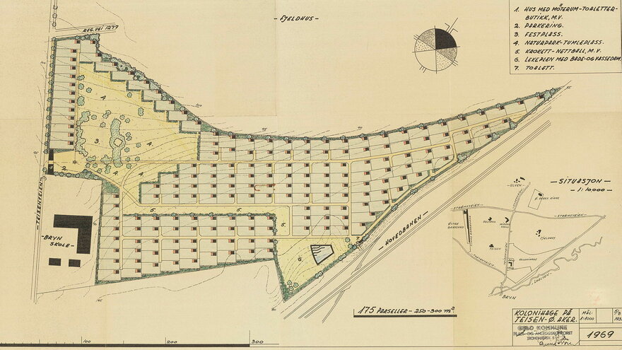 Teisen garden allotments, overall plan and detailed proposal for single gardens, Eyvind Strøm 1938.