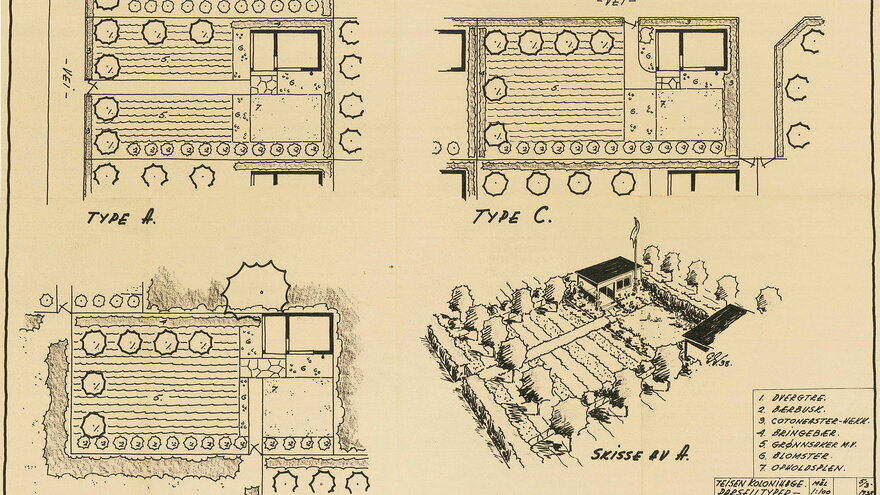 Teisen garden allotments, overall plan and detailed proposal for single gardens, Eyvind Strøm 1938.