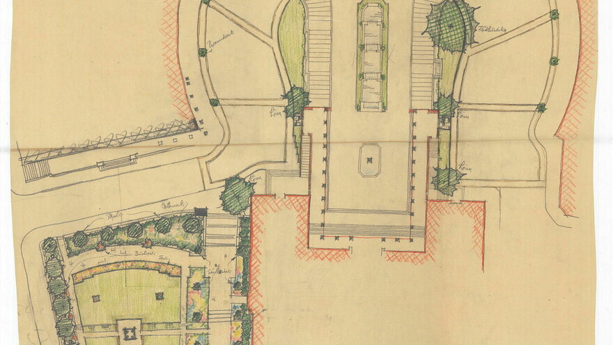 Two proposals for “Rådhushagen”, the garden west of Oslo City Hall. Proposal at the top was realized. Eyvind Strøm. Undated sketches.