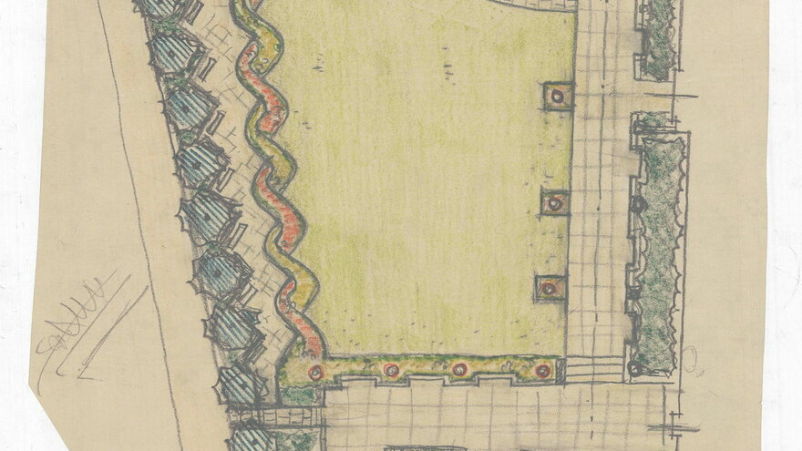 Two proposals for “Rådhushagen”, the garden west of Oslo City Hall. Proposal at the top was realized. Eyvind Strøm. Undated sketches.