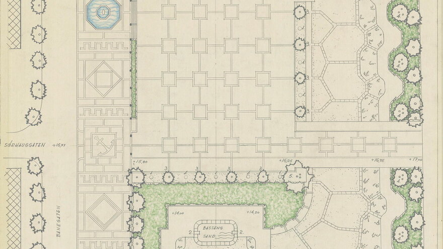 Proposal for City hall park of Haugesund 1947 by Eyvind Strøm.