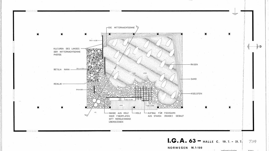 Proposal for IGA Hamburg in 1963. Main plan (above) and sketch (below). Grindaker & Gabrielsen 1963 (ILA archive)
