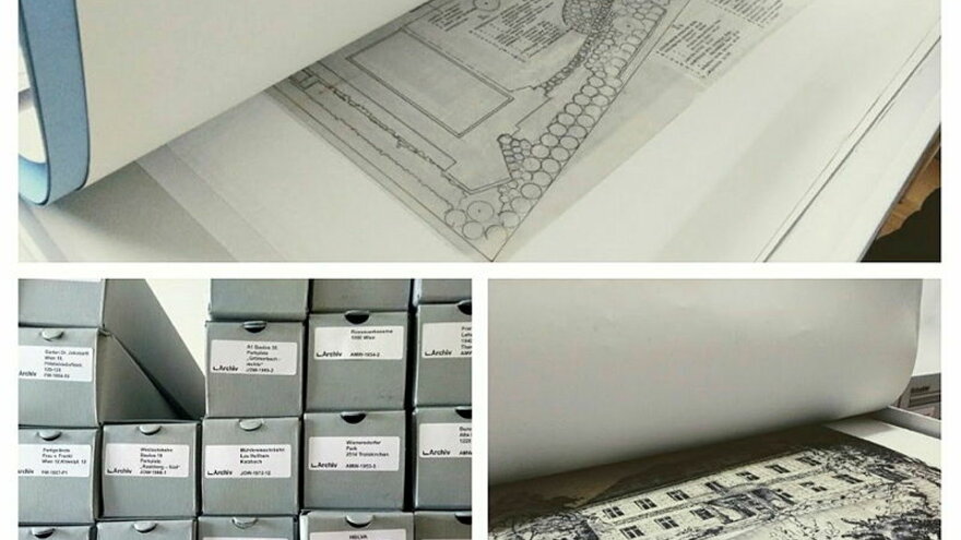 Historical Projects can be used in Learning drawing techniques (Impressions from Archive for Austrian Landscape Architecture LArchive). A collage of images of archives and proposals.