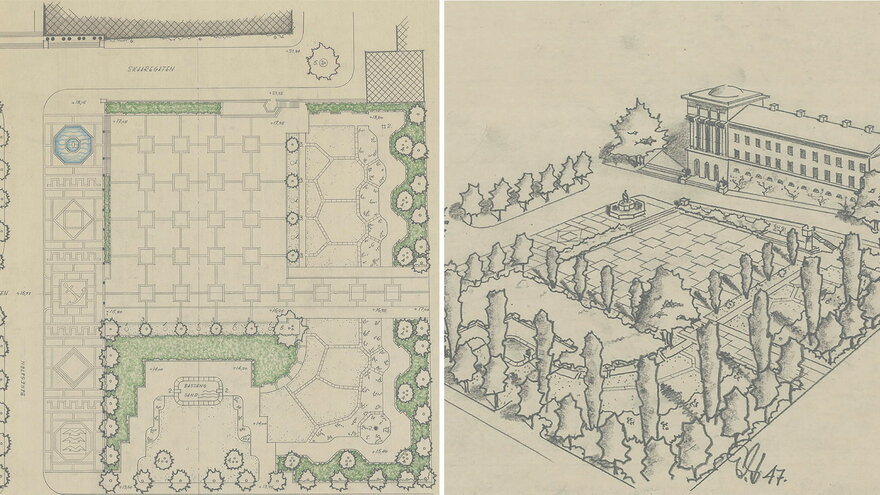 From a complete draft to a contradiction/reverse proposal drawn both in plan and perspective. Example shows the City hall park of Haugesund from 1947. Eyvind Strøm