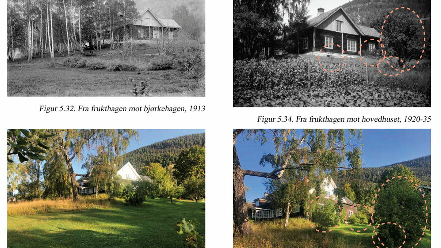 Analyse av Heggerud gård. Fire bilder av gården, to i sort-hvitt (collage)