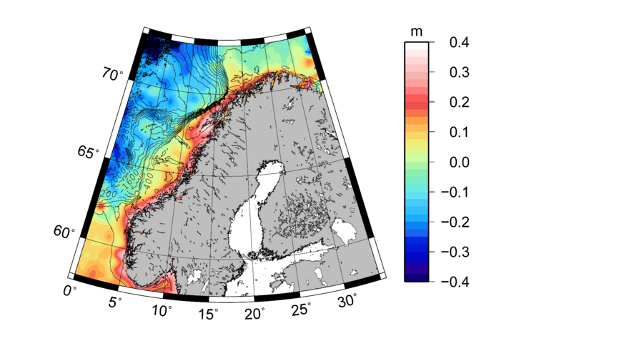 Coastal mean dynamic topography based on CryoSat-2 and NKG2015. The mean value has been removed. 400 m isobaths from the 2014 General Bathymetric Charts of the Oceans (GEBCO) (Weatherall et al., 2015) grid are shown