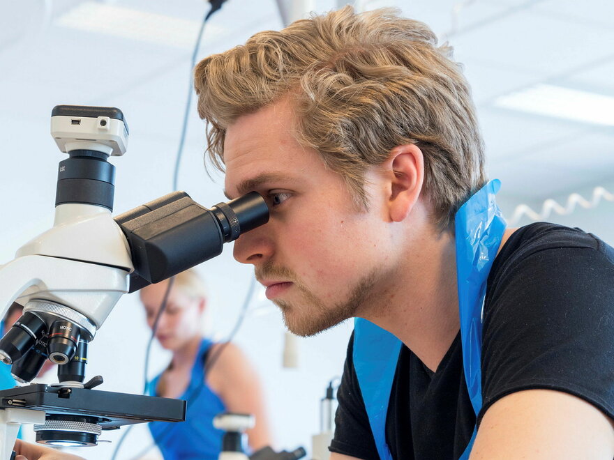 Veterinærstudenter i åttende semester på kurs i akvamedisin på Frøya mai 2018. Bildet viser Andreas Gjerstad som bruker mikroskop for å se etter parasitter på fisk.