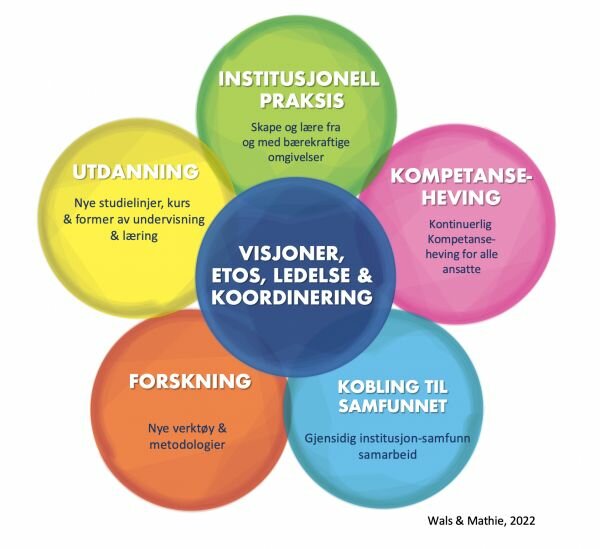 Bilde av modellen hel-institusjonstilnærming som inneholder bobler i forskjellige farger med hovedoverskriftene Utdanning, Institusjonell Praksis, Komptanseheving, "Kobling til Samfunnet", Forskning og "Visjoner, Etos, Ledelse og Koordinering"