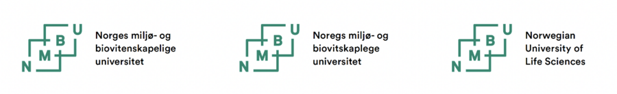 NMBU-logo på forskjellige språk, bokmål, nynorsk og engelsk