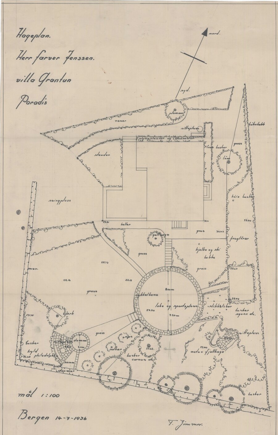 Hageplan tegnet av hagearkitekt Torborg Zimmer 1936. Historisk arkiv for norsk landskapsarkitektur, NMBU