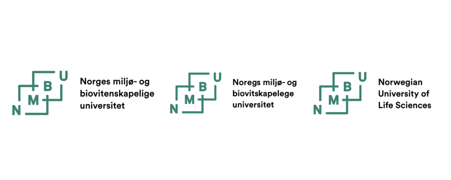 Oversikt over NMBU-logo på bokmål, nynorsk og engelsk