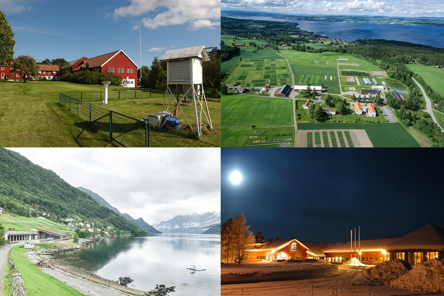 NIBIO har hovedkontor i Ås men har kontorer og forskningsstasjoner 15 steder i landet. Blant annet på Landvik i Grimstad (øverst til venstre), Apelsvoll på Toten (øverst til høyre), Ullensvang i Hardanger (nederst til høyre) og Svanhovd i Finnmark (neders
