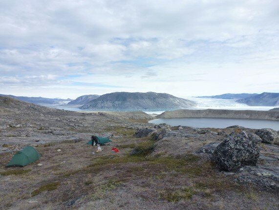 Overlooking the iceberg covered fjord from where the margins of Akullersuup Sermia (left) and Kangiata Nunaata Sermia (right) were located in the 1920s (10 km from the current ice margin). While the Norse were in Greenland these glaciers merged and ultima