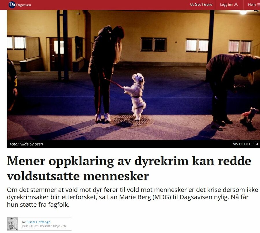 Skjermbilde av Dagsavisens sak "Mener oppklaring av dyrekrim kan redde voldsutsatte mennesker" fredag 25. oktober 2019.