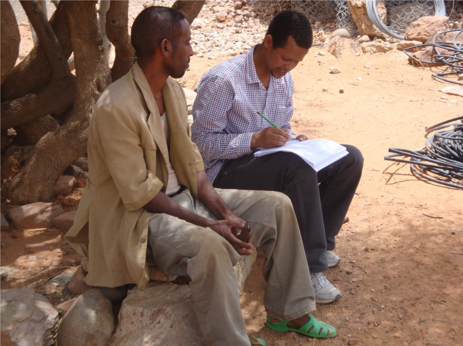 PhD candidate Dawit Gebregziabher Mekonen (MINA, to the right) during his field work in Ethiopia, interviewing locals. 
