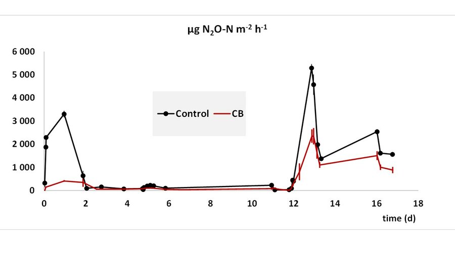 Grafen viser utslippet fra jord tilført CB-bakterien (rødt) og i kontrollen (sort).  