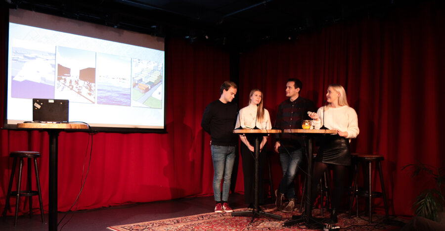 Vetle Riis Hallås, Frida Sandbæk, Håkon Ahrén Heløe og Ingeborg Mork Ryen forteller hvordan fire av gruppene har jobbet med utvikling av Kristiansand havneside. 