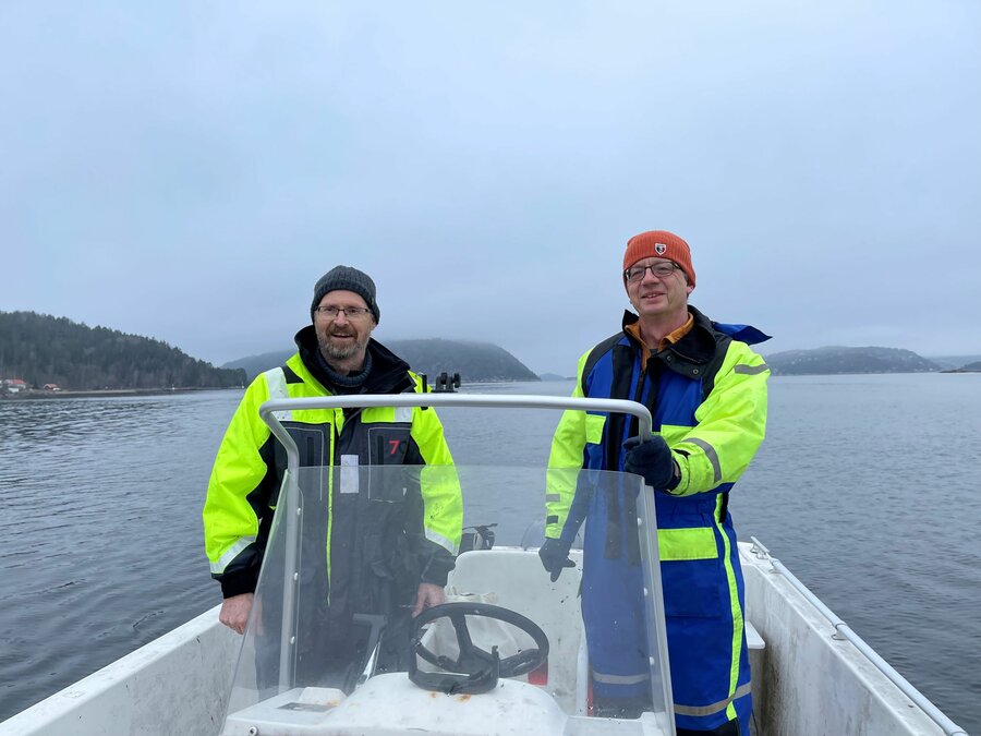 NMBU-professorene Thrond Oddvar Haugen og Knut Rudi ute med fiskebåt i Oslofjorden for å undersøke torsk og mikroorganismer.