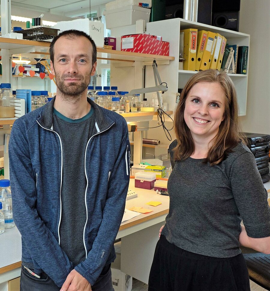Anja Ruud Winther har nettopp tatt doktorgrad ved NMBU på hvordan to bestemte proteiner må til for at pneumokokkene skal klare å dele seg og gjøre deg syk. Her er hun på laboratoriet sammen med hovedveileder ved fakultet for kjemi, bioteknologi og matvite