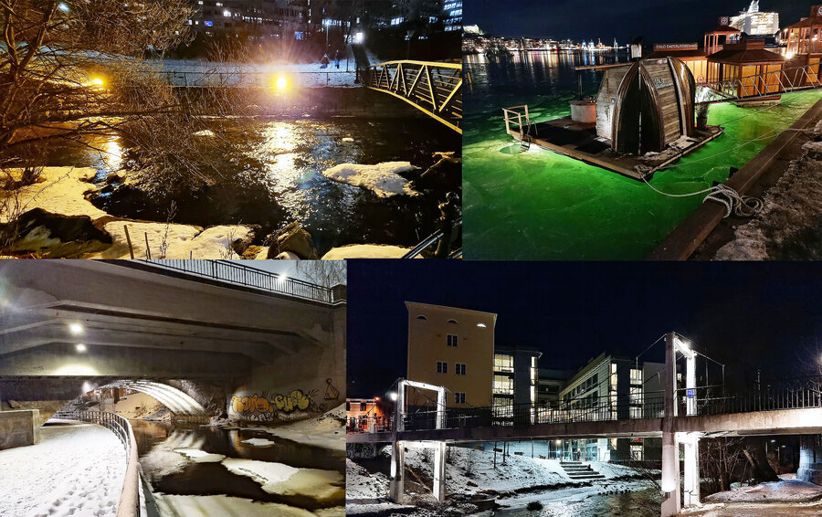 Lyset i Akerselva og i Oslofjorden kommer fra blant annet dekorativ lyssetting, gatelykter, skilt, båter og undervannslys fra badstuer. 