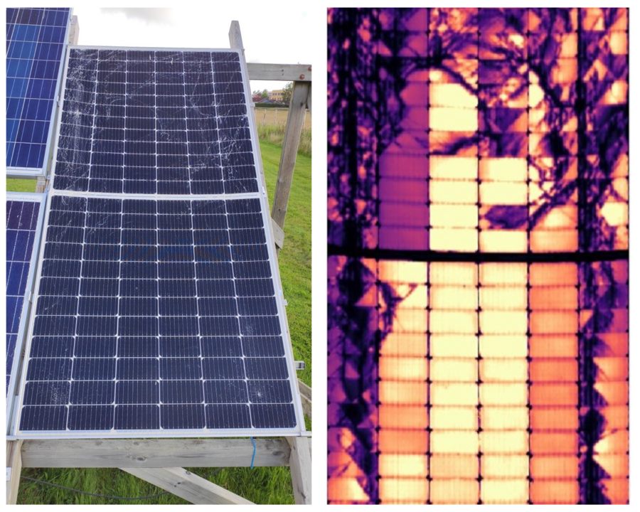 Den indre tilstanden til solcellene: Bildet til venstre viser en modul slik vi ser den. Bildet til høyre er et diagnostikkbilde av en knust modul. Disse skadene klarer vi ikke å se med det blotte øye. 