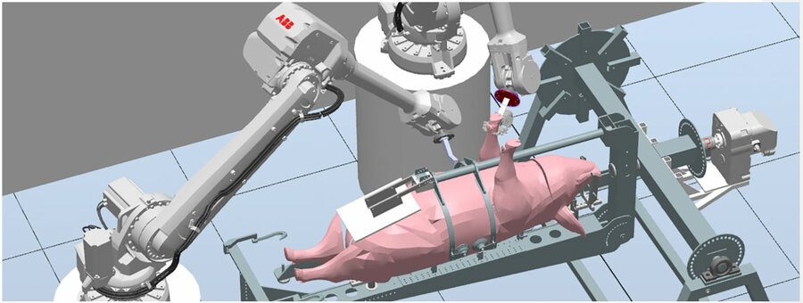 Illustrasjon av RoBUTCHER. Målet er at roboten skal lære seg å løfte, gripe og kutte opp kjøtt på samme måte som en slakter gjør.