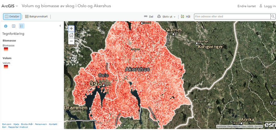 Screenshot av kart over skogressurser i Oslo og Akershus.