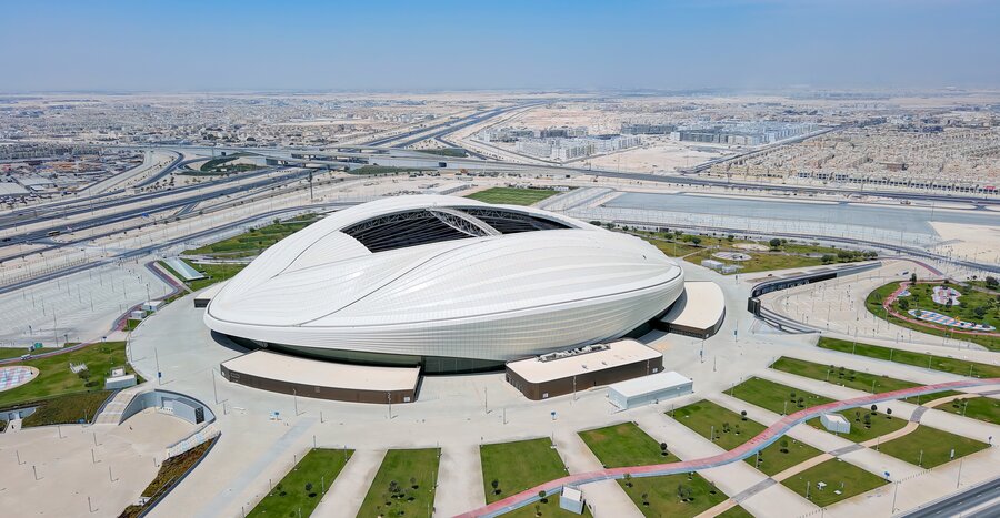 AL WAKRAH, QATAR - 2022: Aerial view of Al Janoub Stadium, modern football stadium for FIFA World Cup 2022.