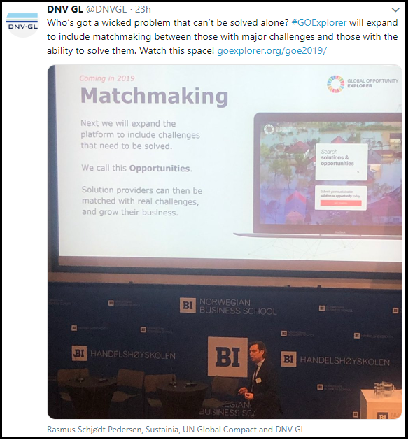 Tweet fra DNV-GL om 'Matchmaking'-muligheter i GoExplorer.