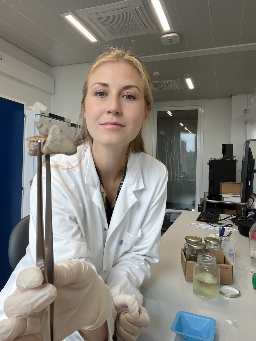 Vilde Artnzen Engdal viser frem et laksehjerte på laboratoriet.
